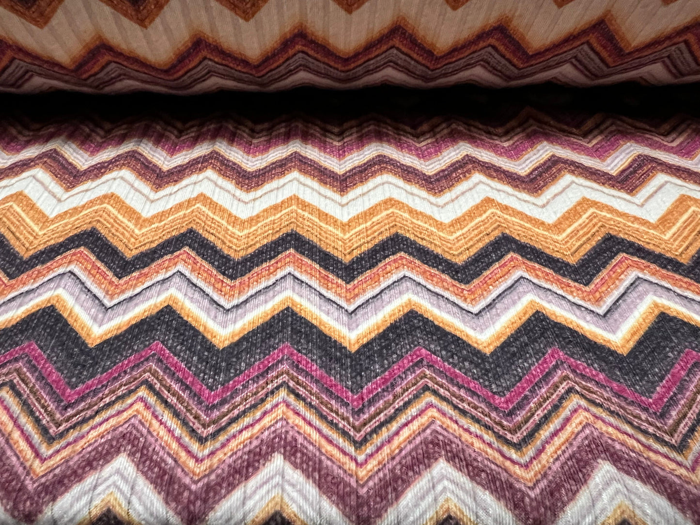 Spandex stretch rib jersey fabric, per metre - chevron zigzag print - magenta & mustard