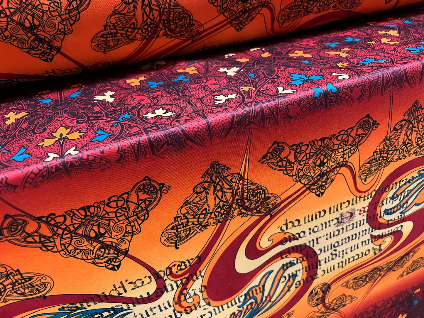 Scuba neoprene style spandex stretch double jersey fabric, per metre - Celtic braid print - Orange & wine