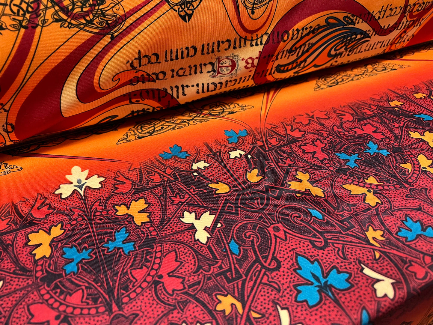 Scuba neoprene style spandex stretch double jersey fabric, per metre - Celtic braid print - Orange & wine