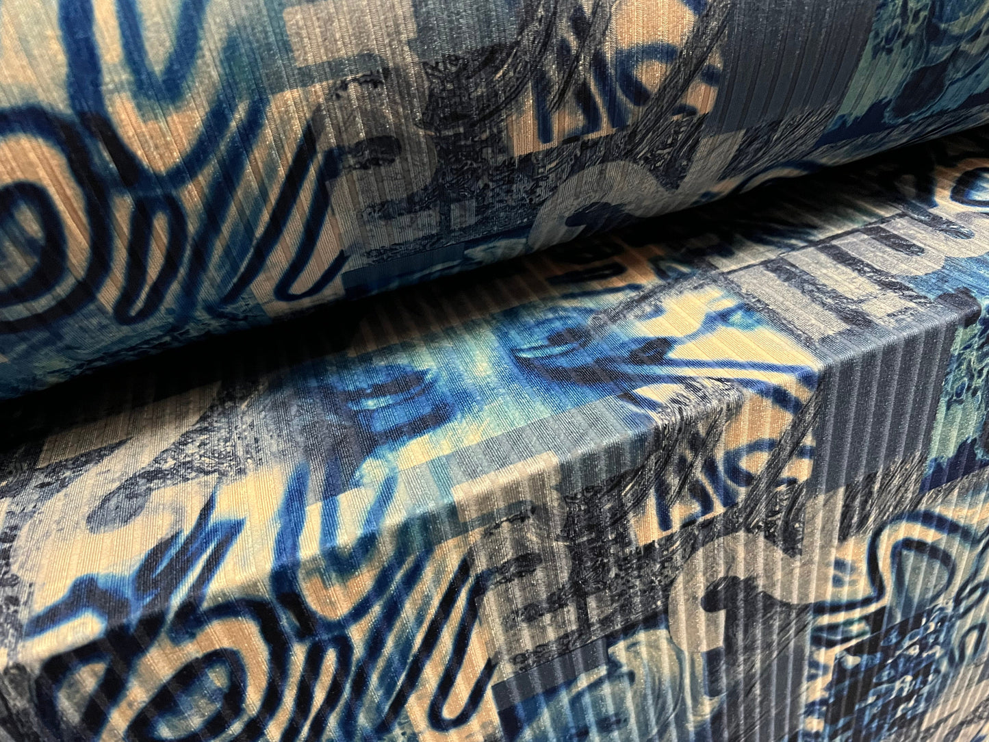 Spandex stretch rib jersey fabric, per metre - festival graffiti print - Stone & blue