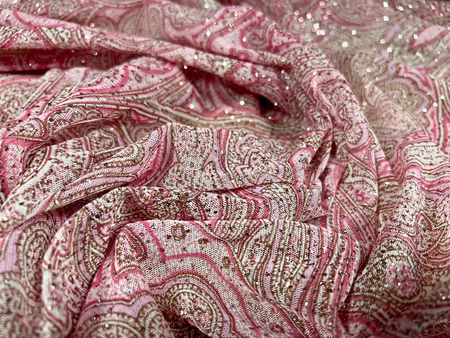 Stretch mesh net lightweight fabric, per metre - paisley glitter print - pink