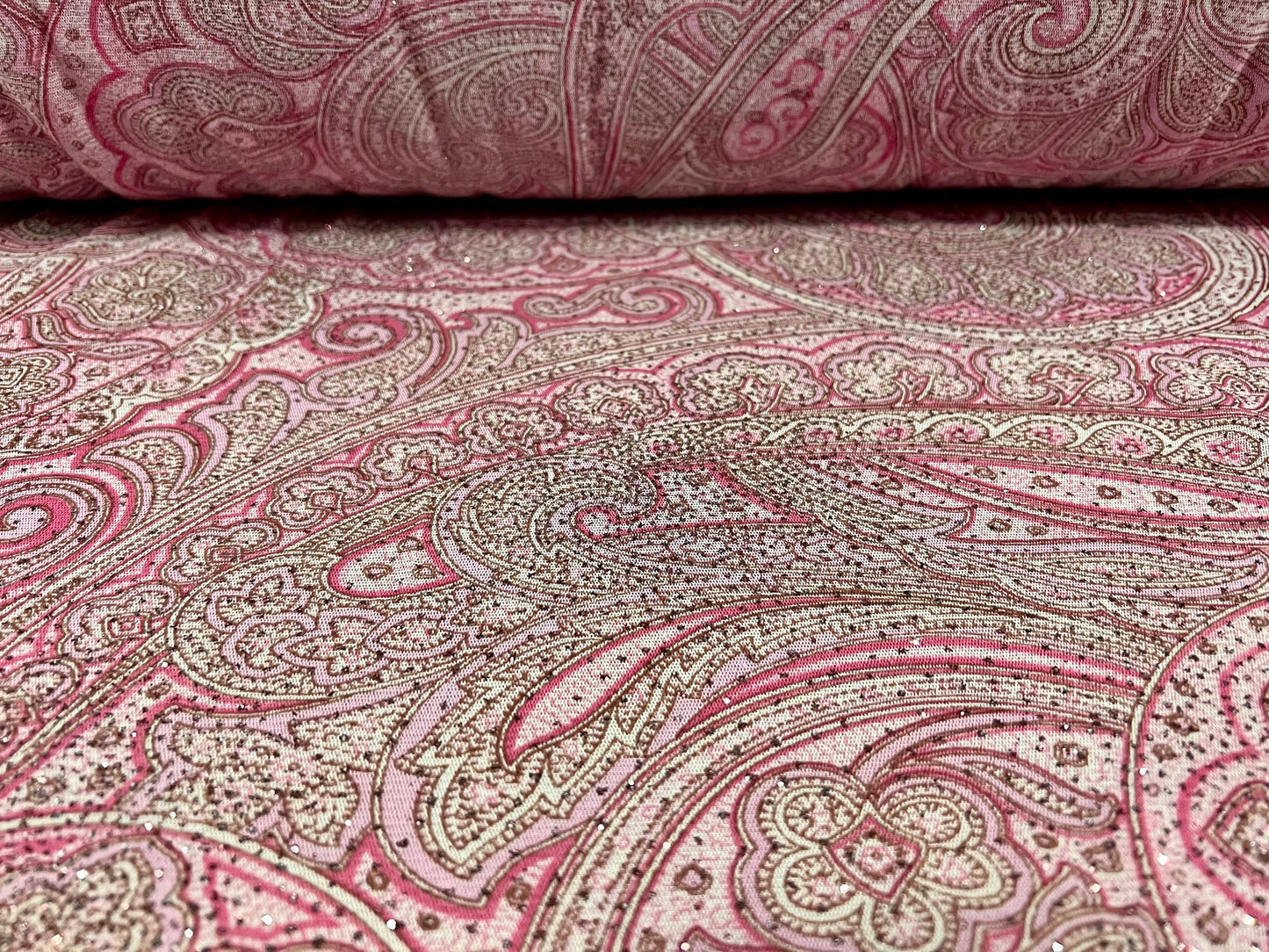 Stretch mesh net lightweight fabric, per metre - paisley glitter print - pink