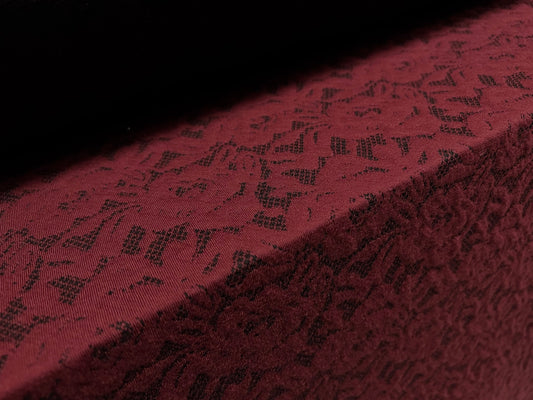 Jacquard double jersey knit stretch dress fabric, per metre - Rose flower design - wine & black