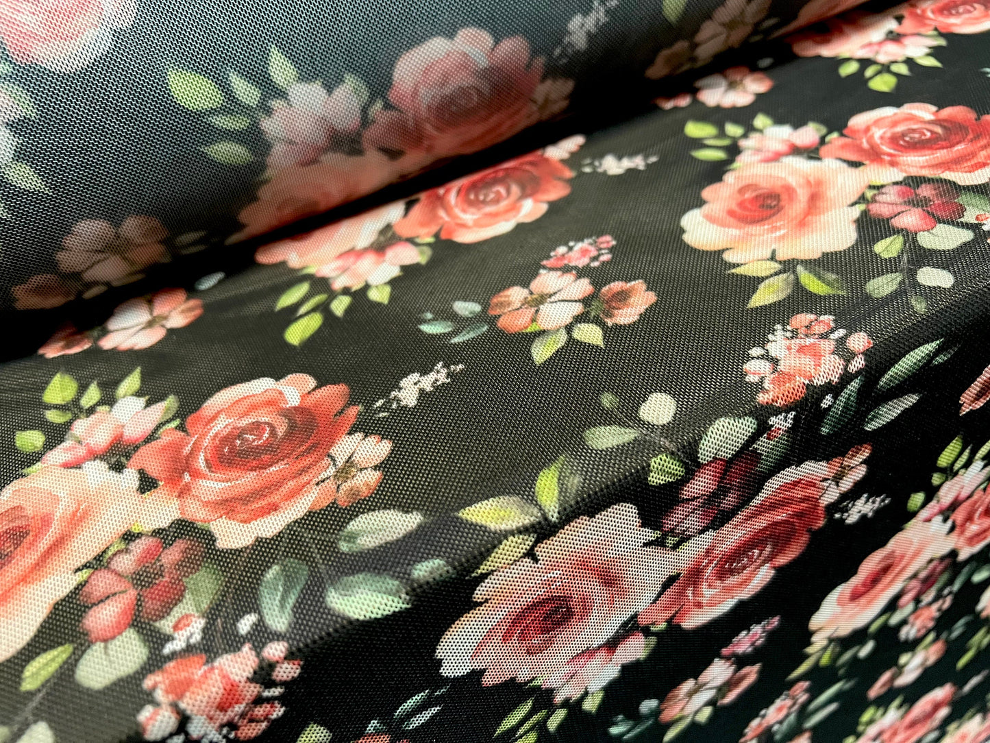 Power mesh net stretch fabric, per metre - rose flower print - black & pink