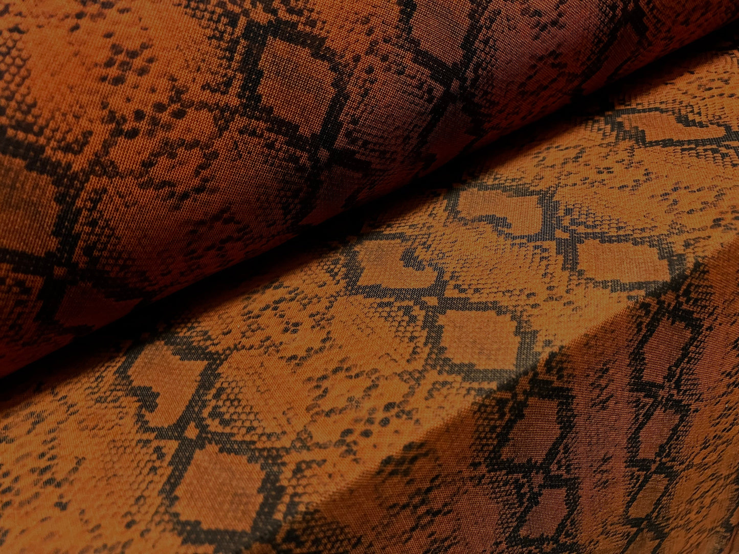 Power mesh net stretch fabric, per metre - snakeskin print - burnt orange