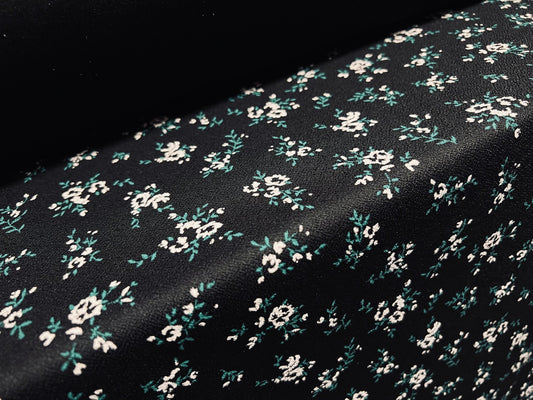 Scuba crepe  stretch spandex jersey dress fabric, per metre - ditsy flower print - black & green