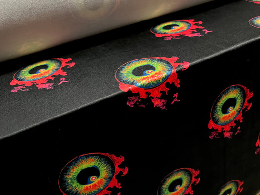 Soft touch stretch spandex single jersey fabric, per metre - flaming eyeball tattoo print - black & red