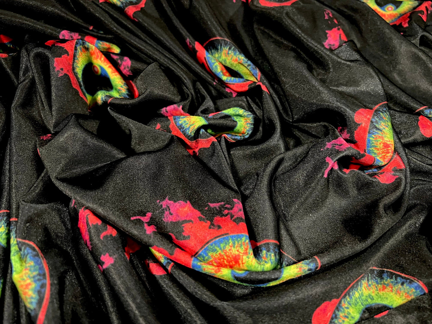 Soft touch stretch spandex single jersey fabric, per metre - flaming eyeball tattoo print - black & red