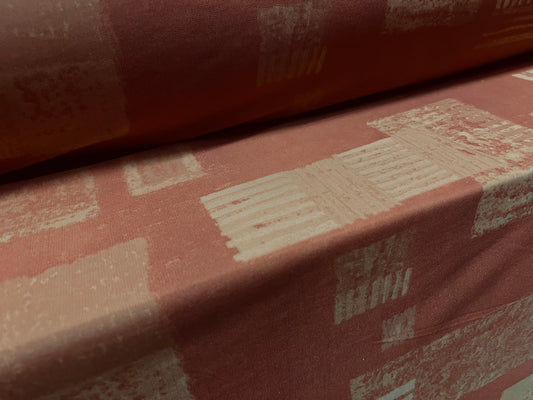 Power mesh net stretch fabric, per metre - retro shapes print - terracotta