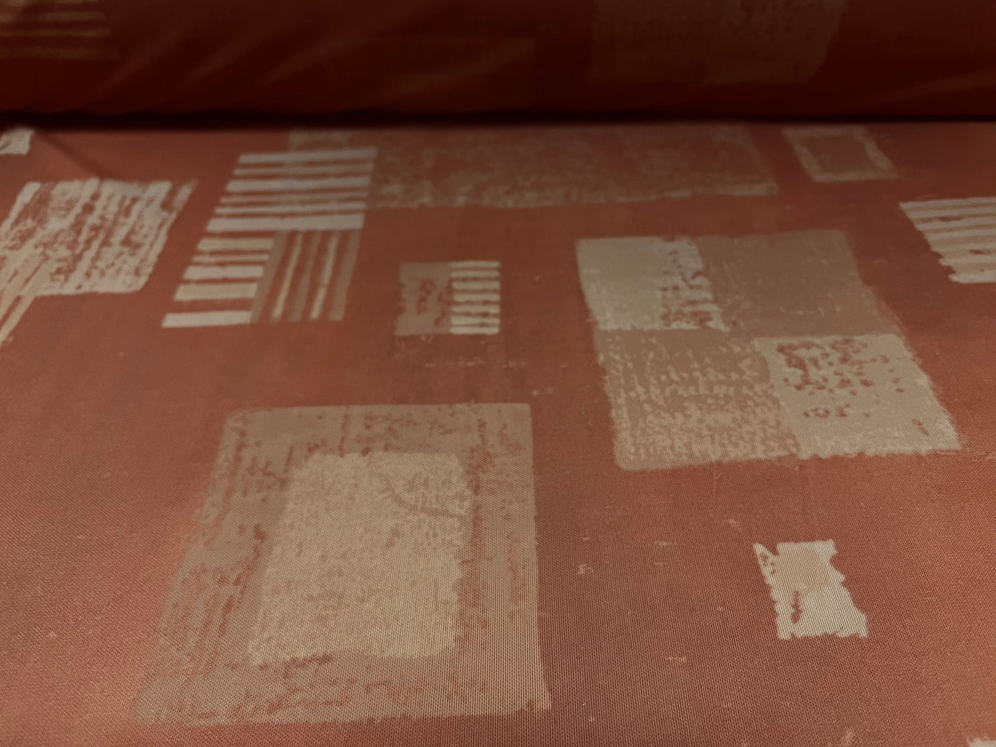 Power mesh net stretch fabric, per metre - retro shapes print - terracotta