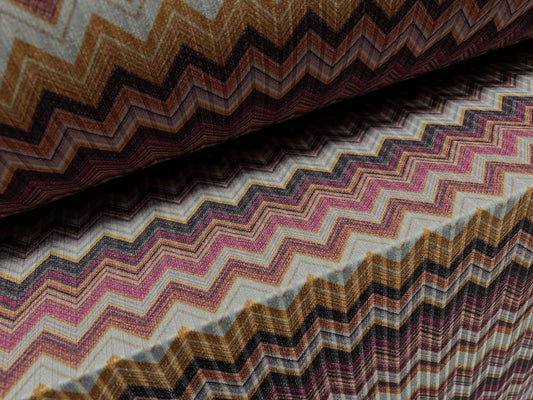 Recycled Spandex rib stretch jersey fabric, per metre - Zigzag chevron print - grey mustard magenta