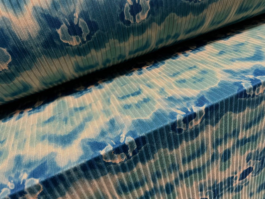 Spandex rib stretch jersey fabric, per metre - tie dye splash print - turquoise & stone