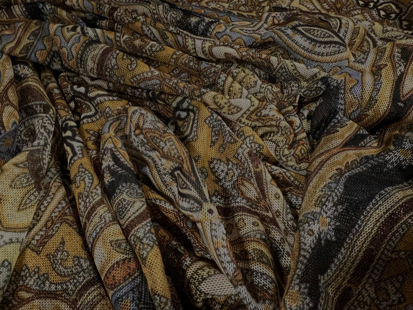 Power mesh net stretch fabric, per metre - paisley print - khaki & mustard