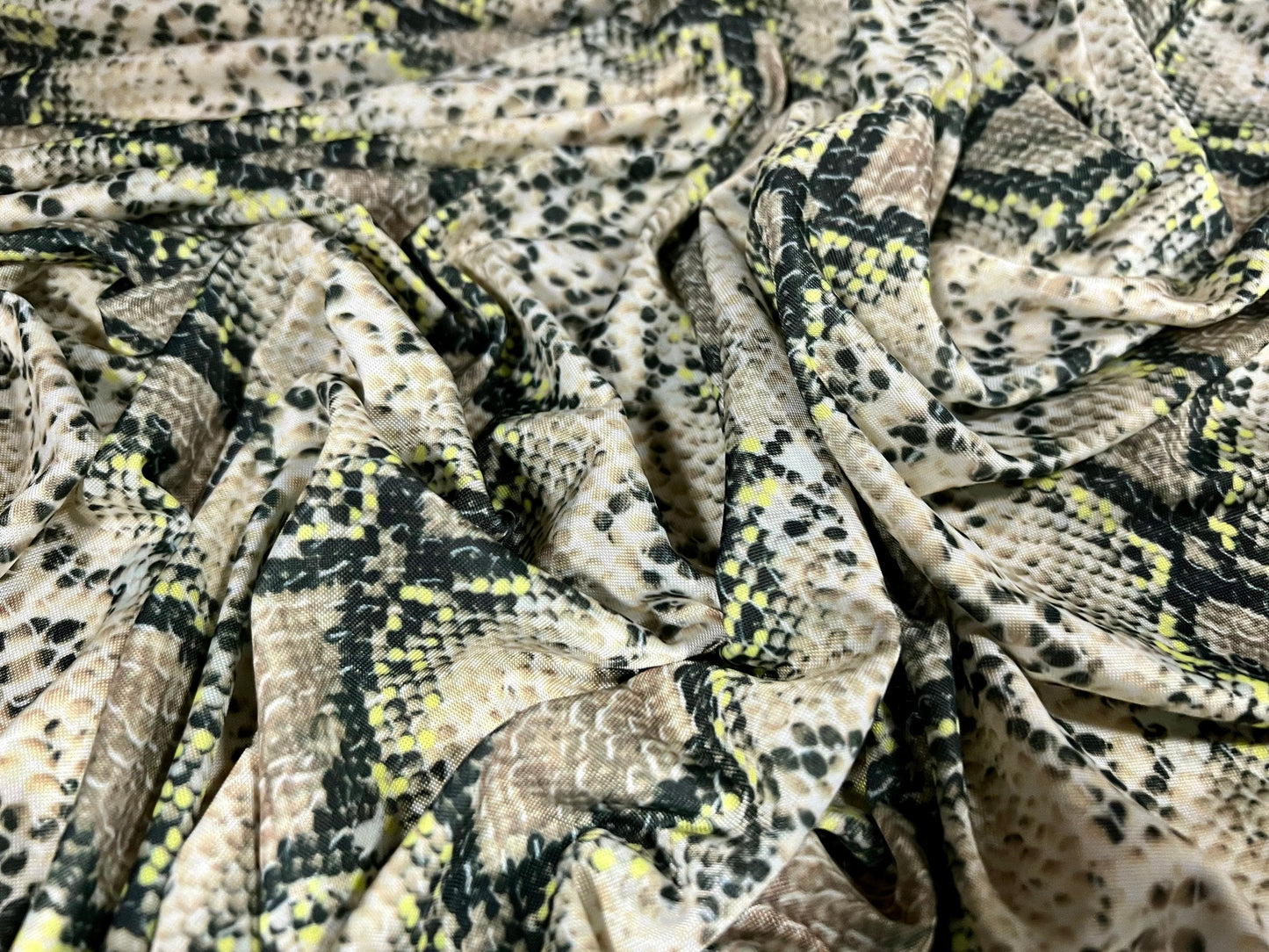 Soft touch stretch spandex jersey fabric, per metre - Snakeskin print - khaki & yellow