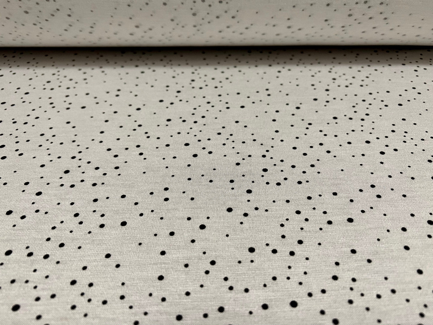 Viscose Spandex stretch single jersey fabric, per metre - white with black spots print