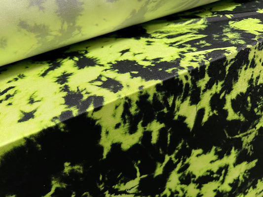 Soft touch stretch spandex jersey fabric, per metre - Tie dye print - acid yellow & black