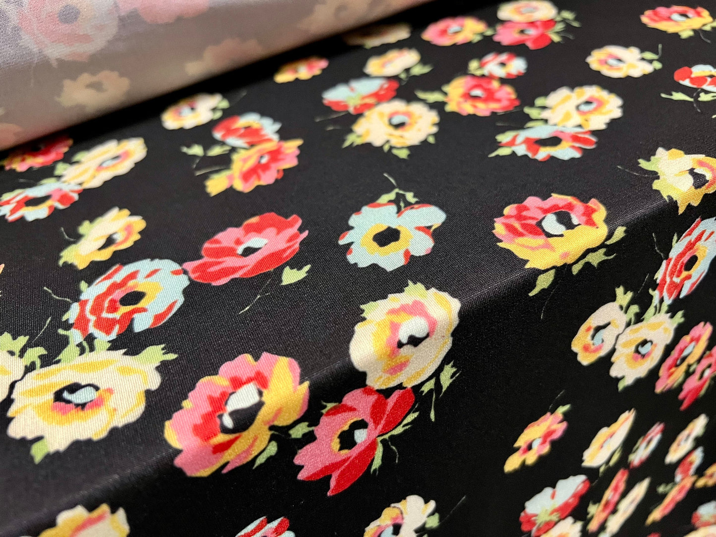 Stretch Spandex single jersey crepe fabric - flower print - black yellow pink