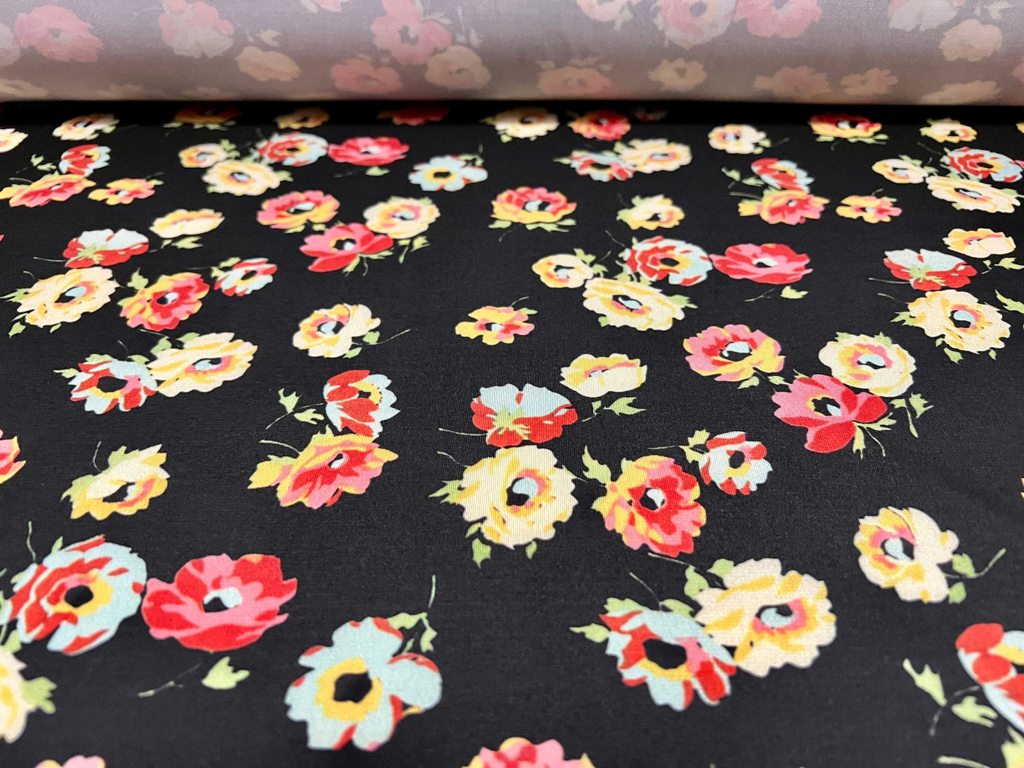 Stretch Spandex single jersey crepe fabric - flower print - black yellow pink