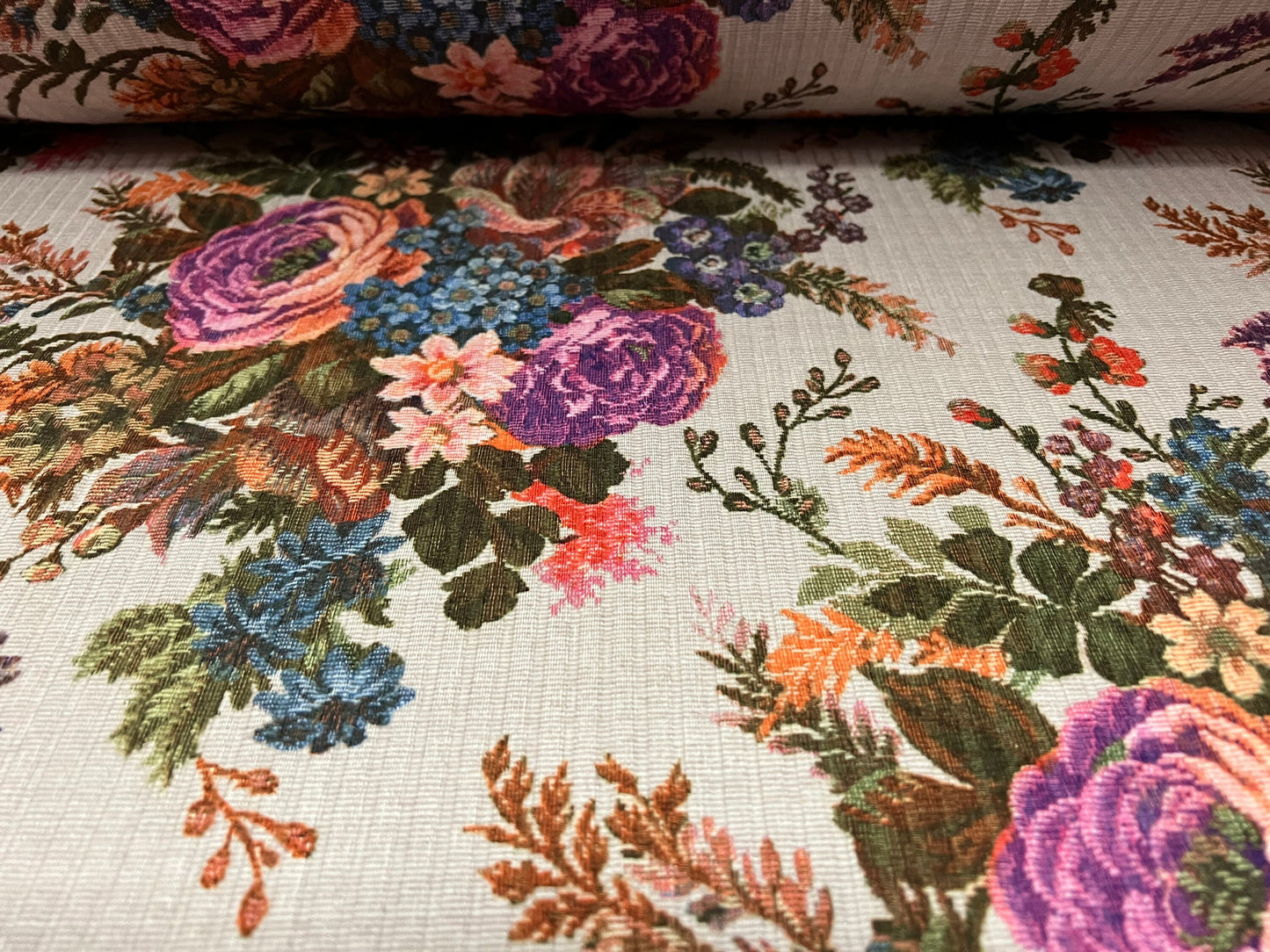 Spandex rib stretch jersey fabric, per metre - cross stitch rose bouquet print