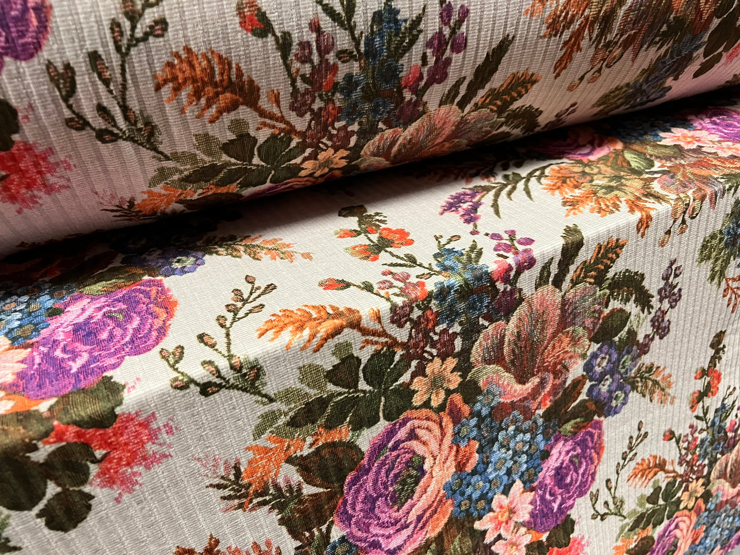 Spandex rib stretch jersey fabric, per metre - cross stitch rose bouquet print