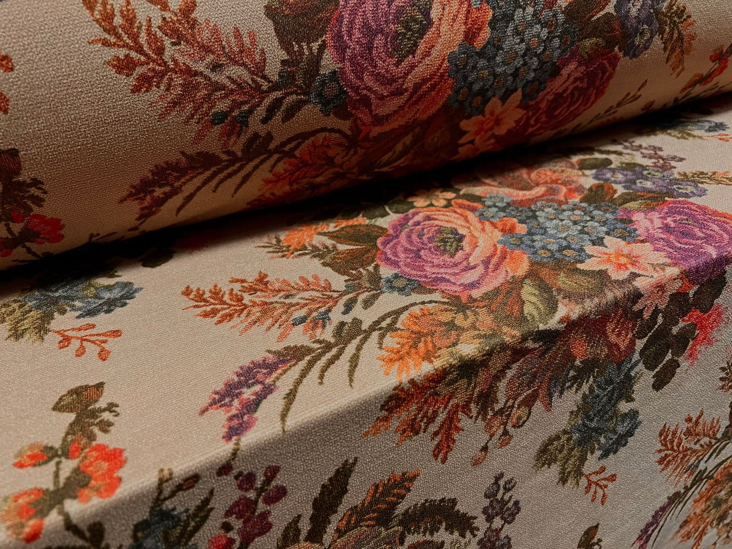 Valentino crepe spandex jersey fabric - similar to scuba - per metre - cross stitch rose floral bouquet print