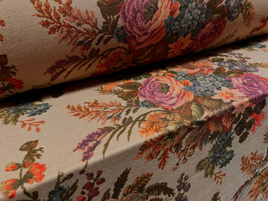 Valentino crepe spandex jersey fabric - similar to scuba - per metre - cross stitch rose floral bouquet print