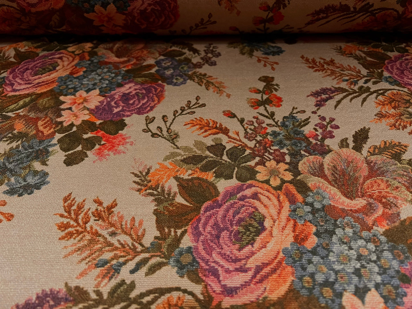 Valentino crepe spandex jersey fabric - similar to scuba - per metre - cross stitch rose floral bouquet print