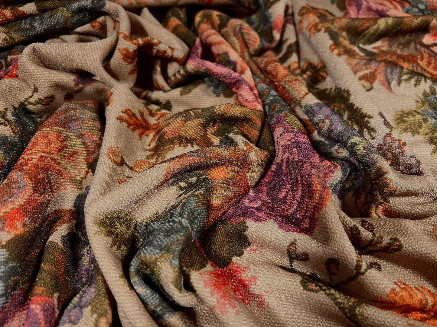 Valentino crepe spandex jersey fabric - similar to scuba - per metre - cross stitch rose floral bouquet print