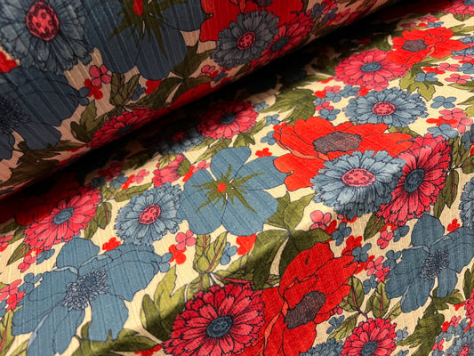 Spandex rib stretch jersey fabric, per metre - flower print - cream red & blue