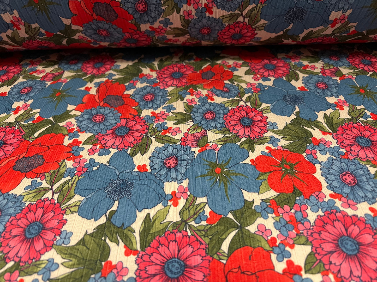 Spandex rib stretch jersey fabric, per metre - flower print - cream red & blue