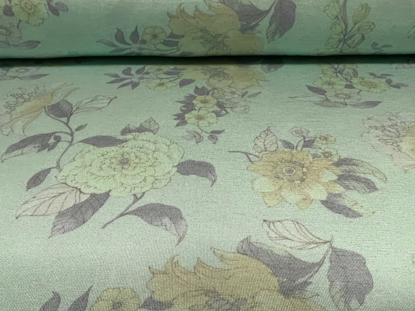 Viscose Spandex stretch single jersey fabric, per metre - flower print - aqua