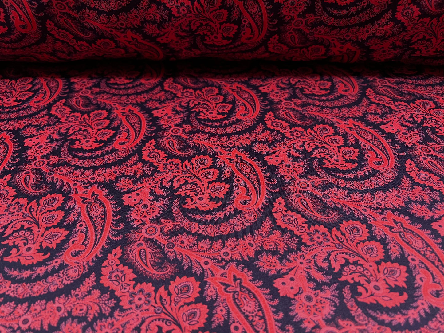 Scuba neoprene style stretch spandex double jersey fabric, per metre - paisley print - fuschia & navy