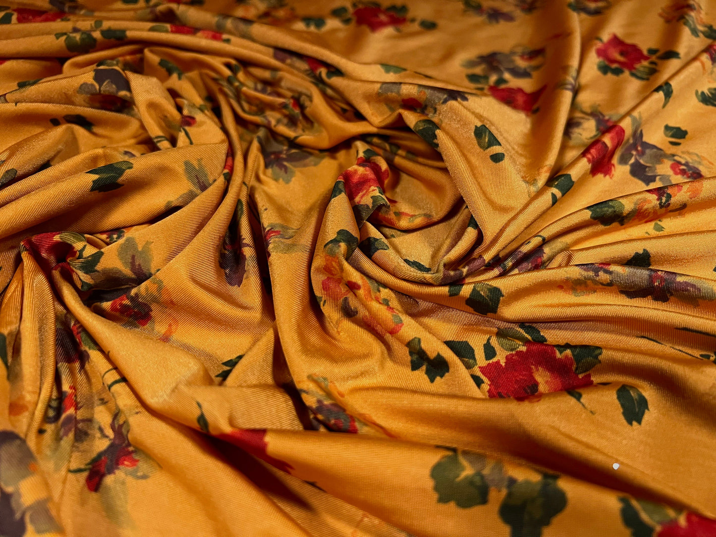 Soft touch stretch spandex jersey fabric, per metre - Floral print - amber