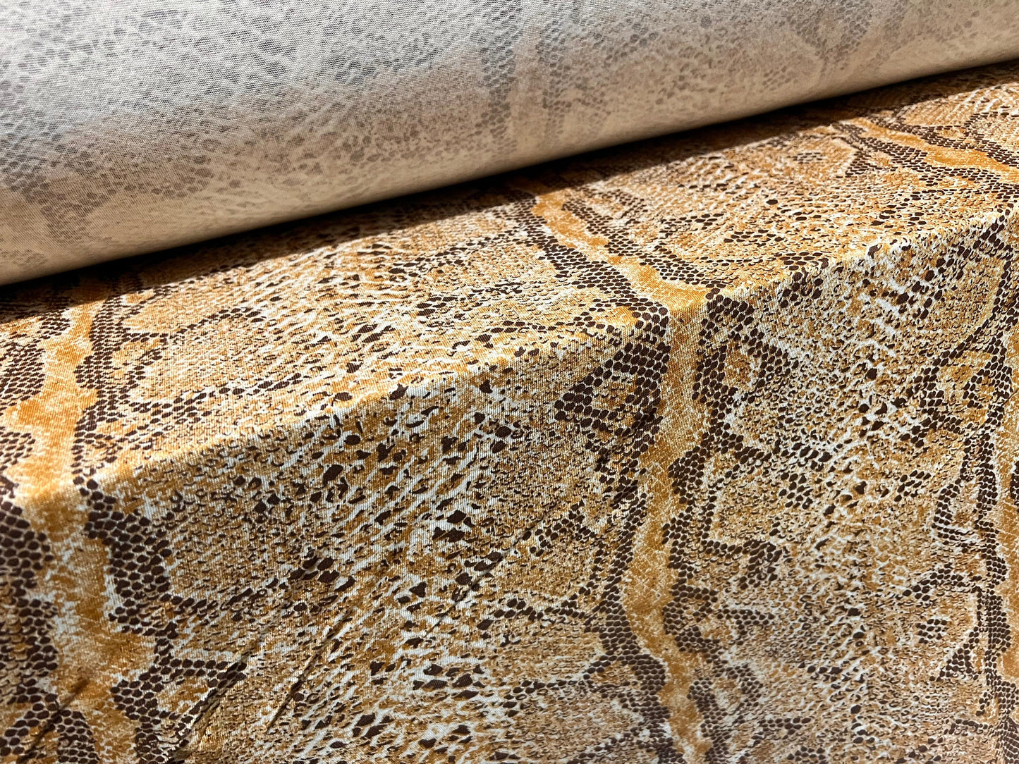 Viscose spandex stretch single jersey fabric, per metre - snakeskin print - gold