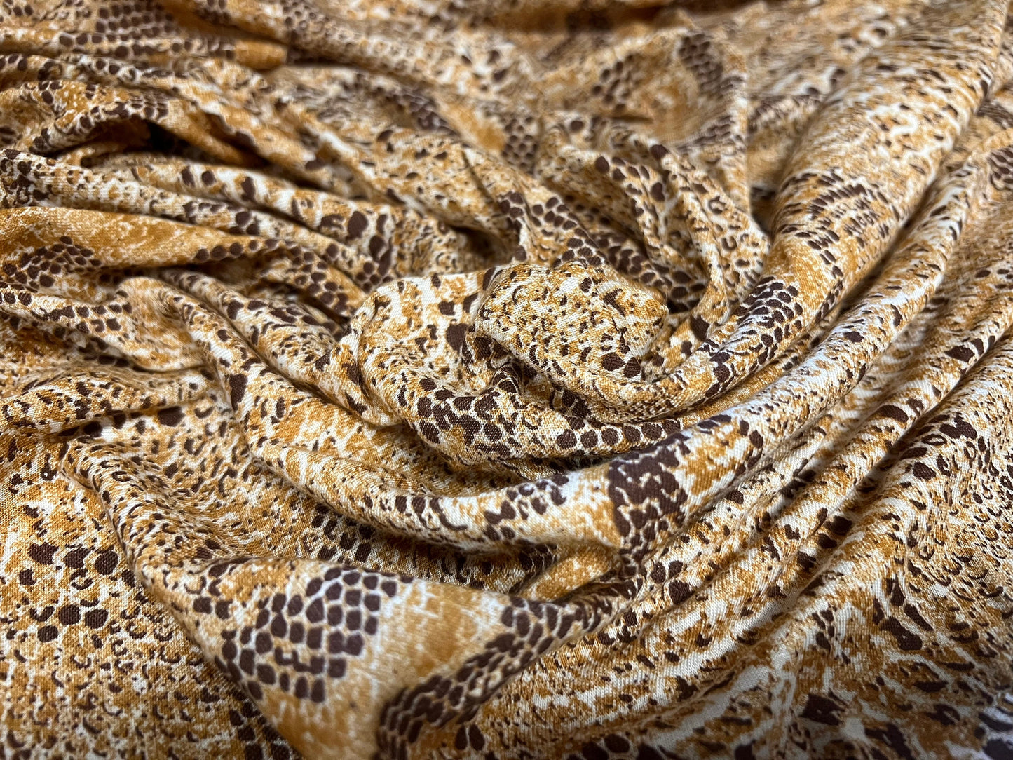 Viscose spandex stretch single jersey fabric, per metre - snakeskin print - gold