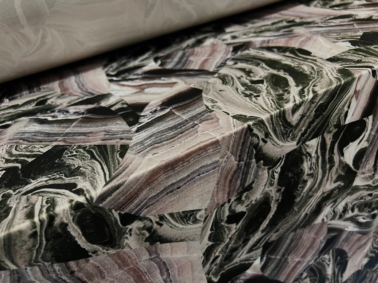 Stretch spandex single jersey fabric, per metre - Marbled rock strata print - dusky pink & dark green