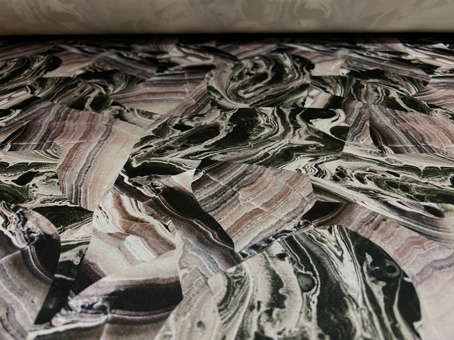 Stretch spandex single jersey fabric, per metre - Marbled rock strata print - dusky pink & dark green