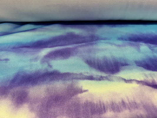 Stretch spandex double jersey fabric, per metre - Tie dye Sky print - blue & violet