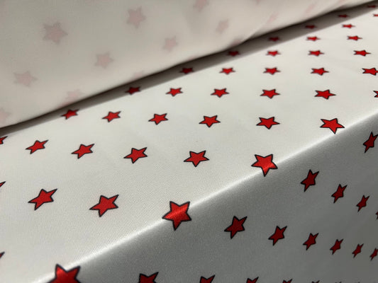 Scuba fabric stretch spandex neoprene style double jersey, per metre - stars print - white & red