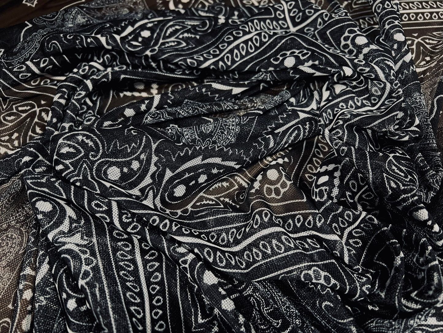 Power mesh net stretch fabric, per metre - paisley geometric print - black