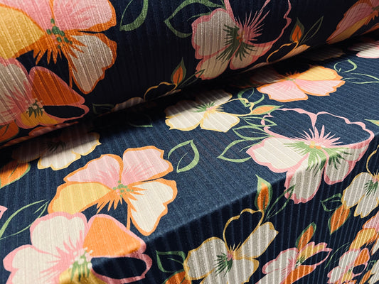 Recycled Spandex rib stretch jersey fabric, per metre - pansy flower print - navy blue