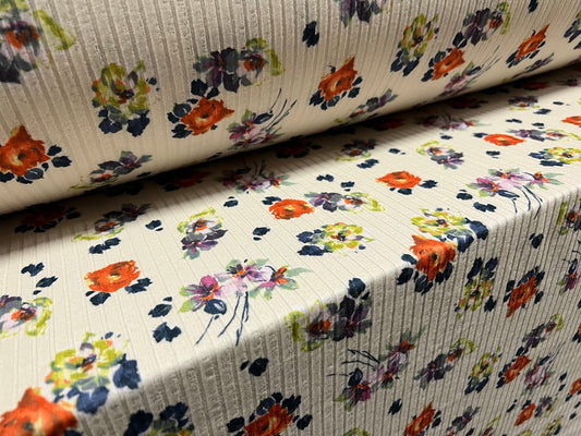 Spandex stretch rib jersey fabric, per metre - small flower print - cream