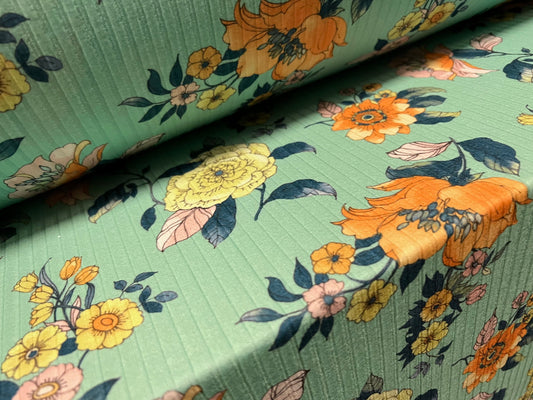 Spandex rib stretch jersey fabric, per metre -  flower print - mint green