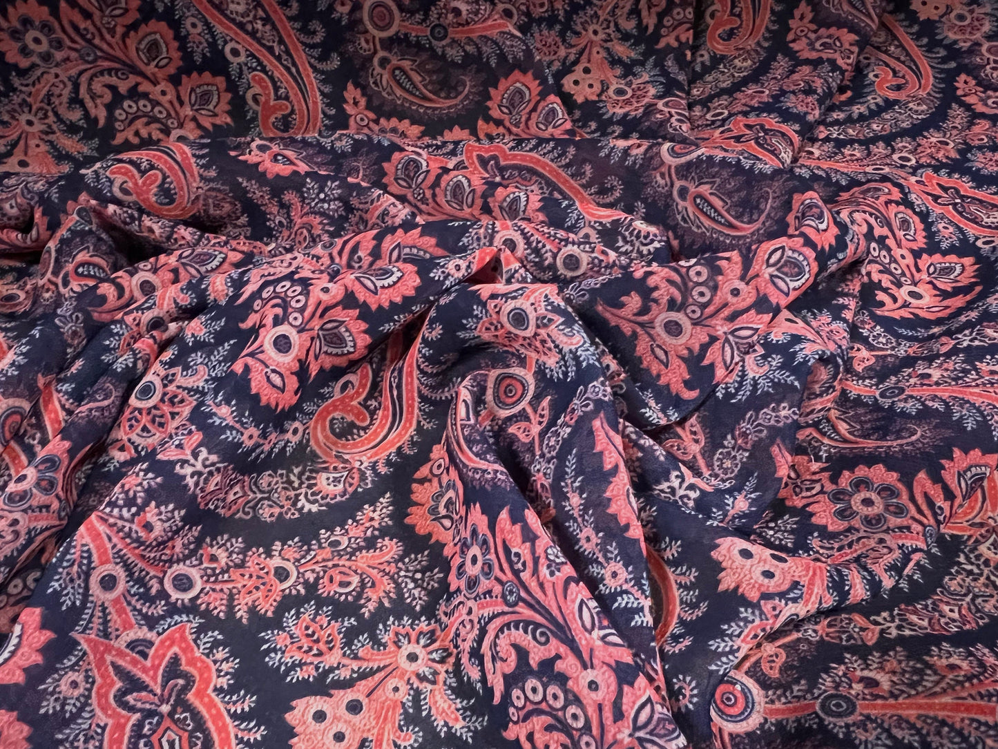 Woven chiffon dress blouse fabric, per metre - paisley print - navy blue & coral