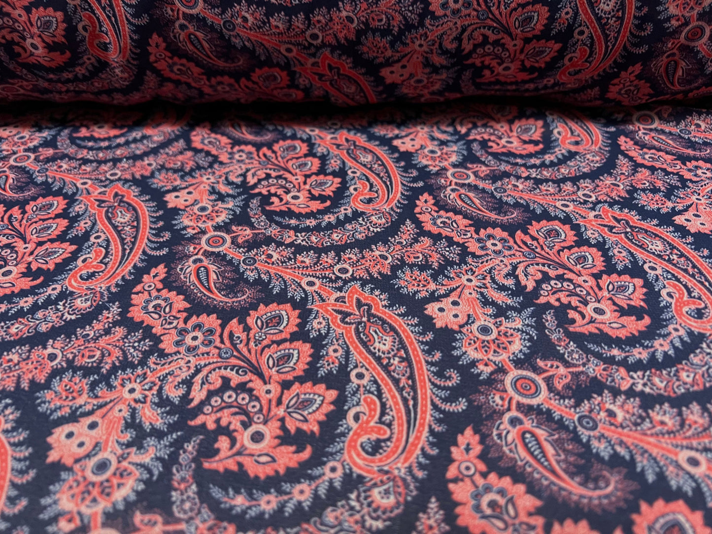 Woven chiffon dress blouse fabric, per metre - paisley print - navy blue & coral