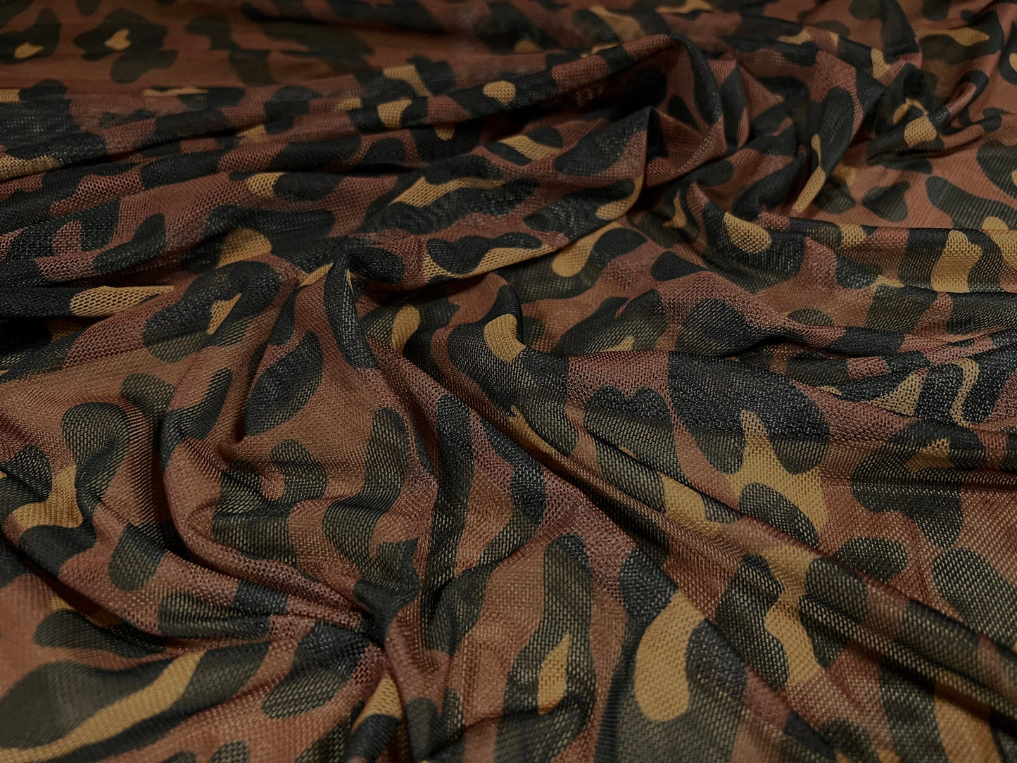 Power mesh net stretch fabric, per metre - leopard animal print - brown