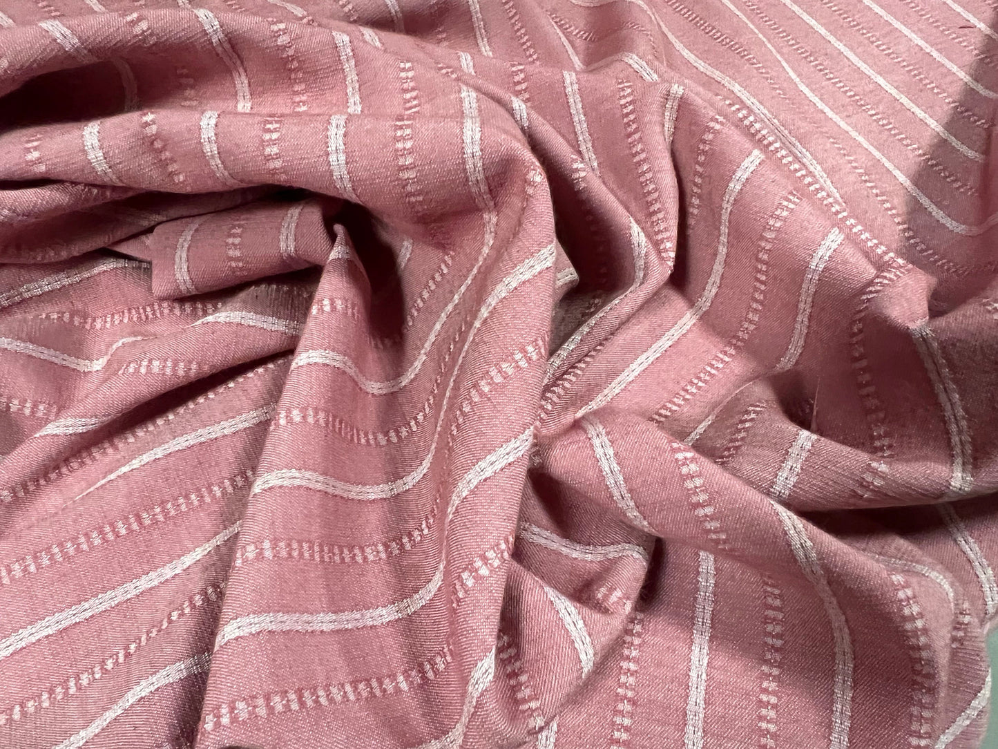 Woven stretch spandex raised pinstripe in a stripe fabric, per metre - dusky pink