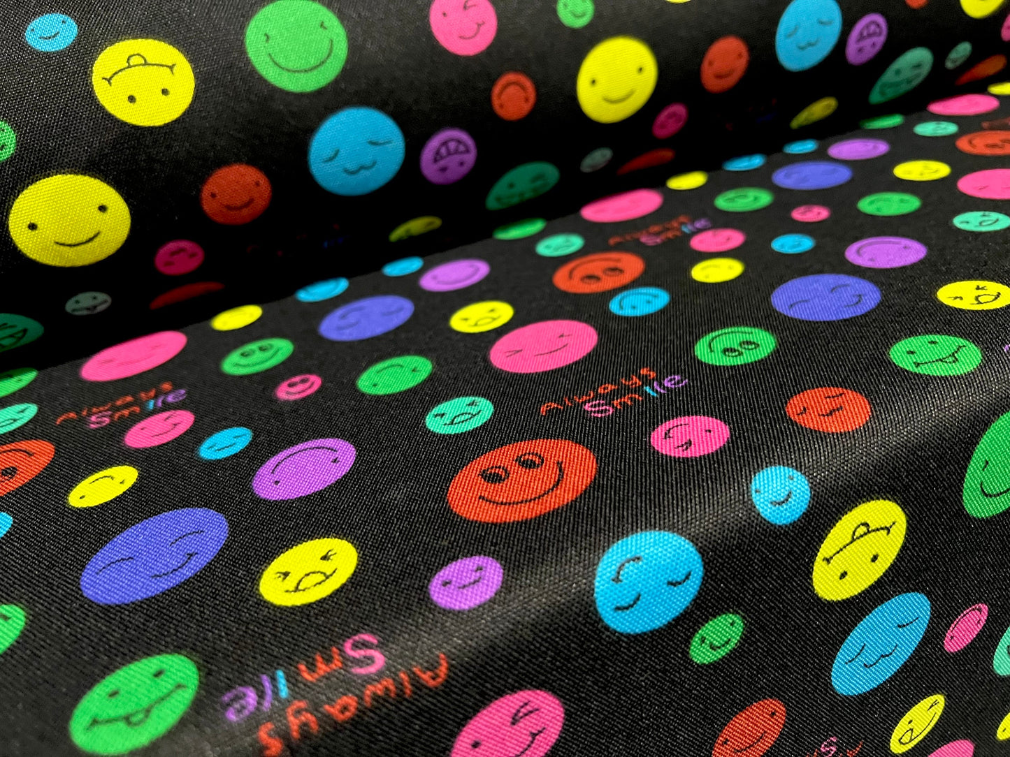 Smily happy faces emoji emoticon print woven dress fabric, per metre