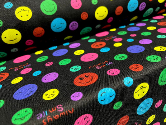 Smily happy faces emoji emoticon print woven dress fabric, per metre