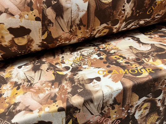 Scuba crepe fabric stretch spandex jersey, per metre - Women and the glamour culture print - brown & mustard